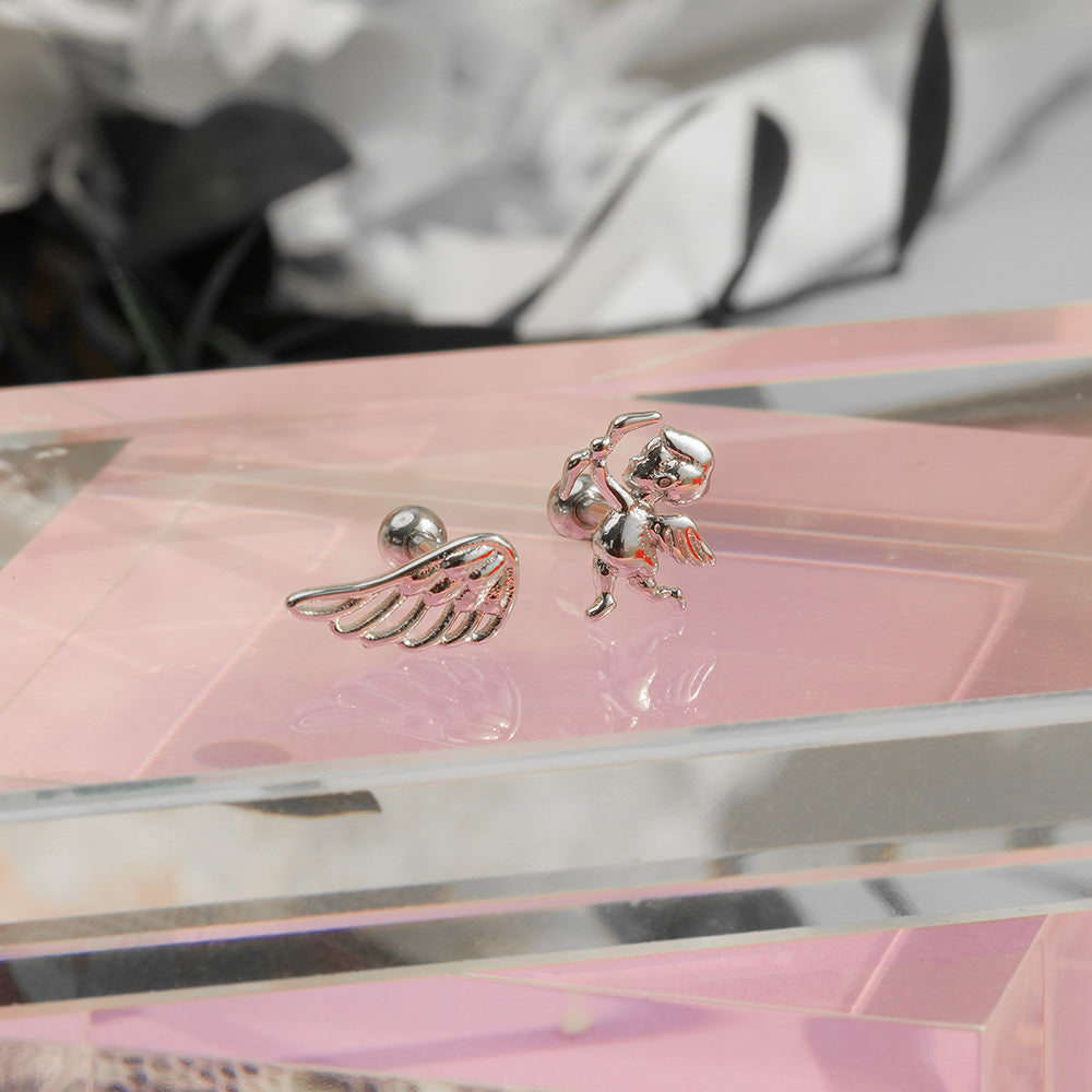 [サージカル]キューピッド＆ウィング モチーフ ピアス (2Type) 16G/14G 羽根 翼 モチーフ ボディピアス キャッチ 軟骨ピアス