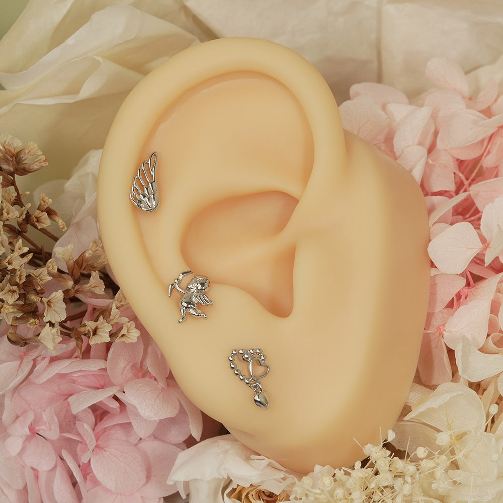 [サージカル]キューピッド＆ウィング モチーフ ピアス (2Type) 16G/14G 羽根 翼 モチーフ ボディピアス キャッチ 軟骨ピアス