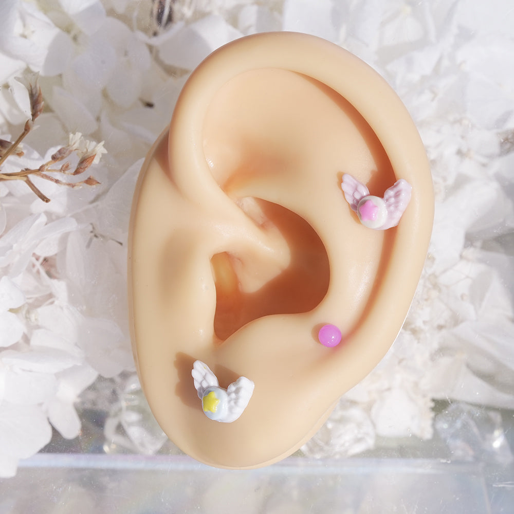 パステル エンジェルウィング スター バーベルピアス 16G 軟骨ピアス 星 羽 (3Color) 16G 小さめ 韓国アクセサリー 大人可愛い
