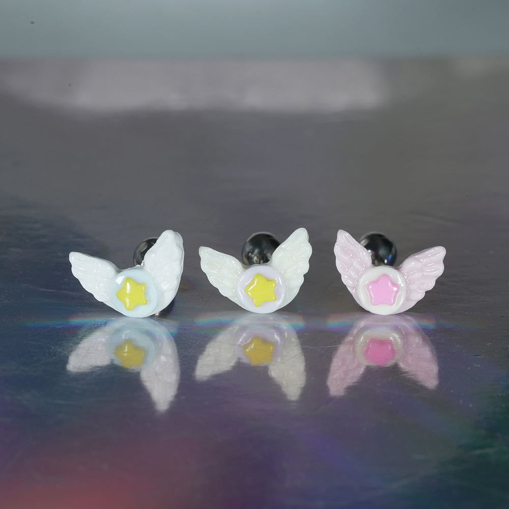 パステル エンジェルウィング スター バーベルピアス 16G 軟骨ピアス 星 羽 (3Color) 16G 小さめ 韓国アクセサリー 大人可愛い
