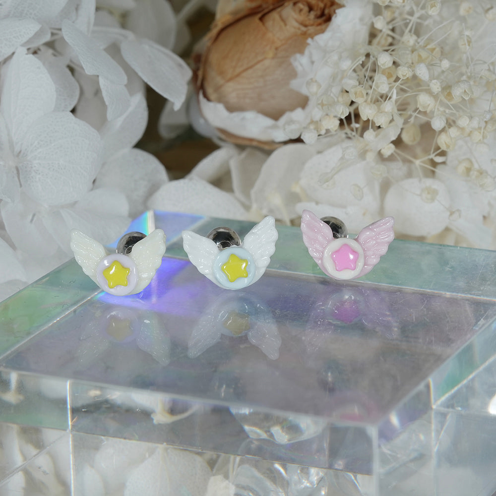 パステル エンジェルウィング スター バーベルピアス 16G 軟骨ピアス 星 羽 (3Color) 16G 小さめ 韓国アクセサリー 大人可愛い