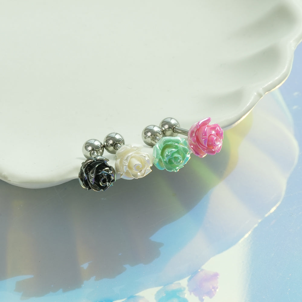 [サージカル] パールローズ バーベルピアス 16G 軟骨ピアス 薔薇 フラワー ボディピアス