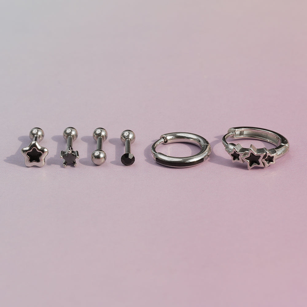 [6個セット][サージカル]ブラックスター ポイントピアス 軟骨ピアス 韓国 重ね付け ポイントピアス