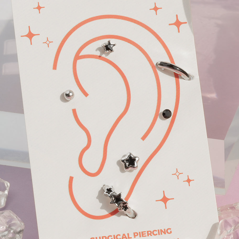 [6個セット][サージカル]ブラックスター ポイントピアス 軟骨ピアス 韓国 重ね付け ポイントピアス