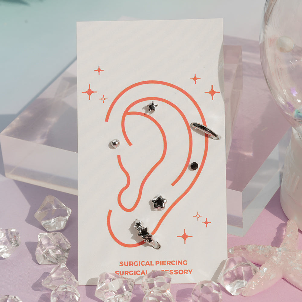 [6個セット][サージカル]ブラックスター ポイントピアス 軟骨ピアス 韓国 重ね付け ポイントピアス