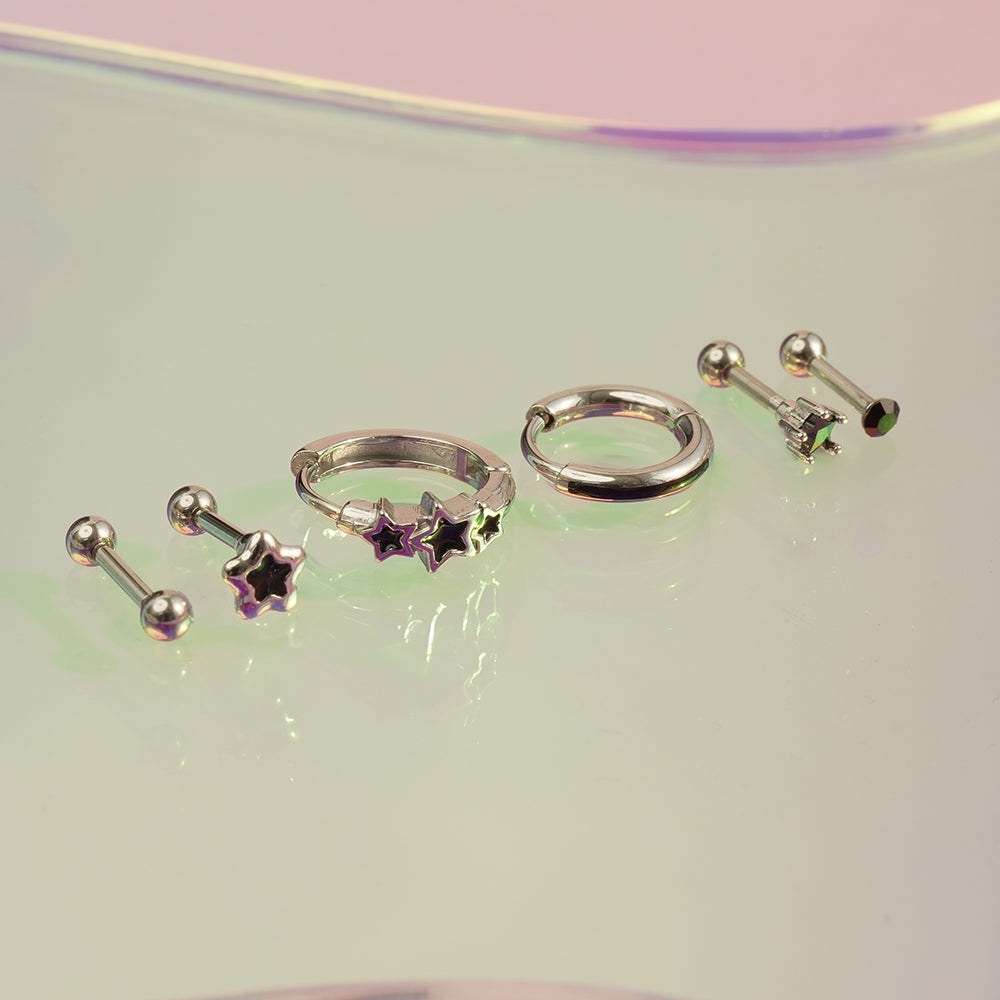 [6個セット][サージカル]ブラックスター ポイントピアス 軟骨ピアス 韓国 重ね付け ポイントピアス