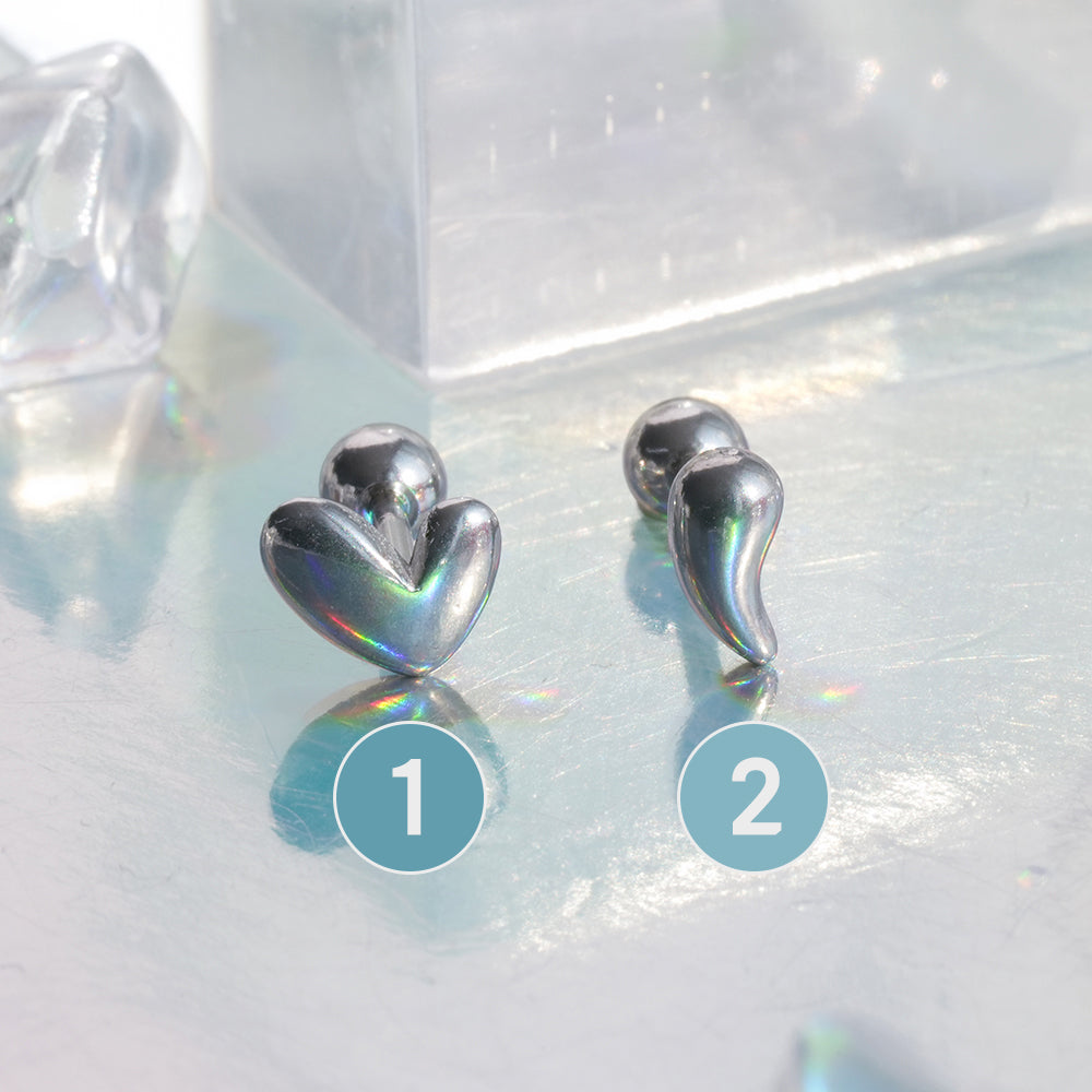 [全サージカルステンレス]アシンメトリー ぷっくりハート＆ドロップバーベルピアス 2Type 軟骨ピアス 16G