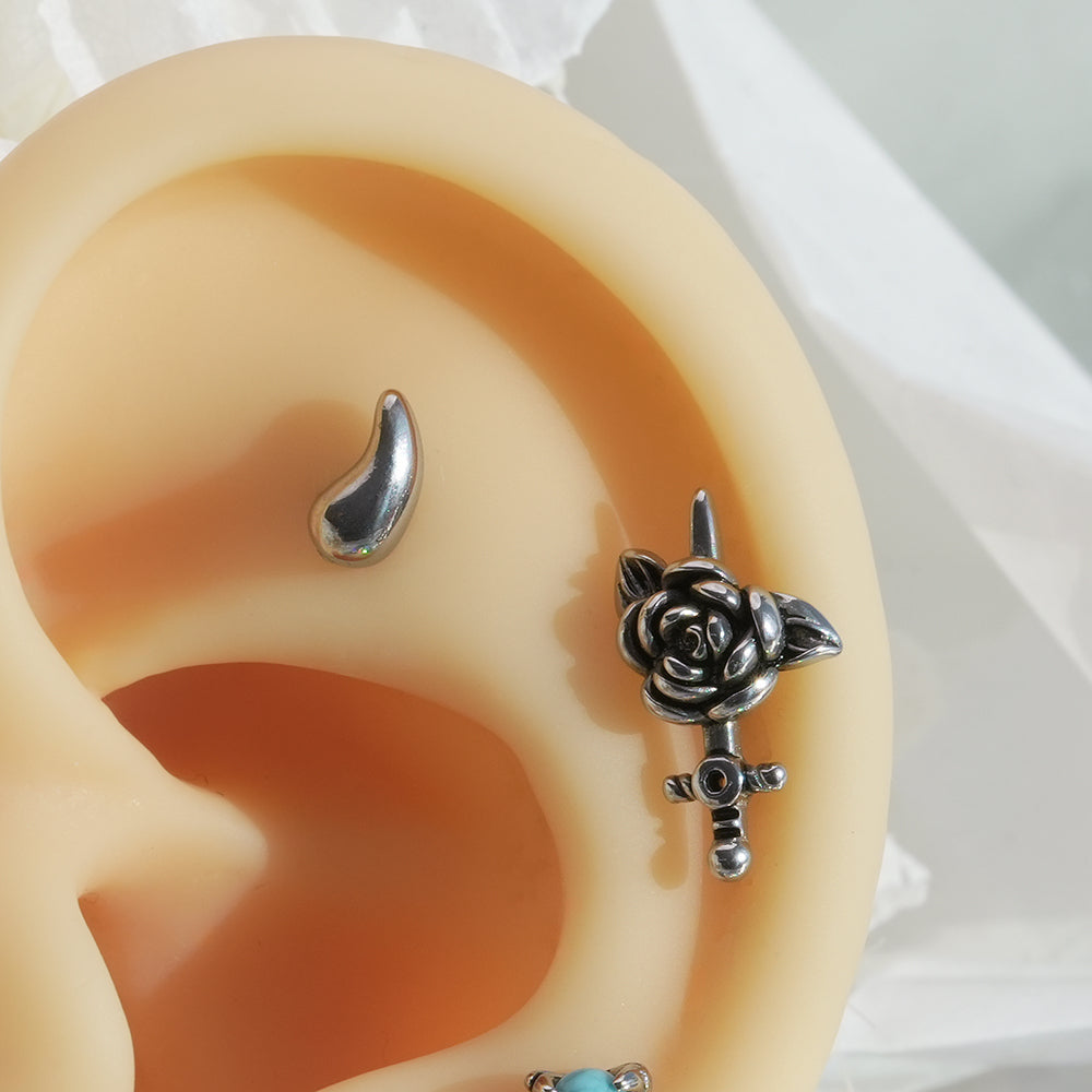 [全サージカルステンレス]アシンメトリー ぷっくりハート＆ドロップバーベルピアス 2Type 軟骨ピアス 16G