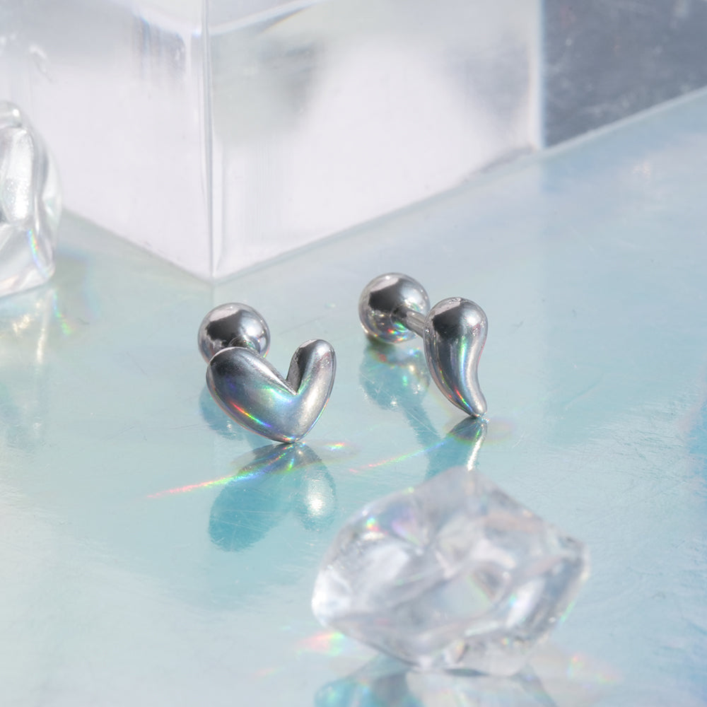 [全サージカルステンレス]アシンメトリー ぷっくりハート＆ドロップバーベルピアス 2Type 軟骨ピアス 16G