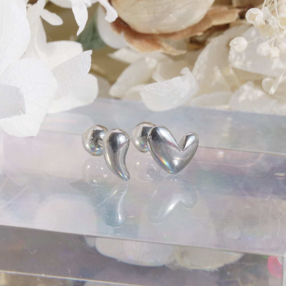 [全サージカルステンレス]アシンメトリー ぷっくりハート＆ドロップバーベルピアス 2Type 軟骨ピアス 16G