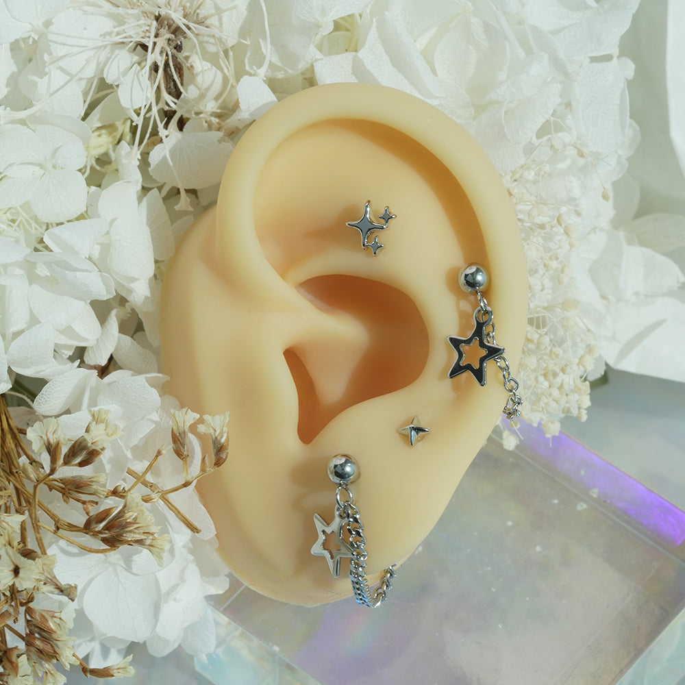 [全体サージカル]スターチャーム チェーンピアス (2Type) 16G ボディピアス キャッチ 軟骨ピアス