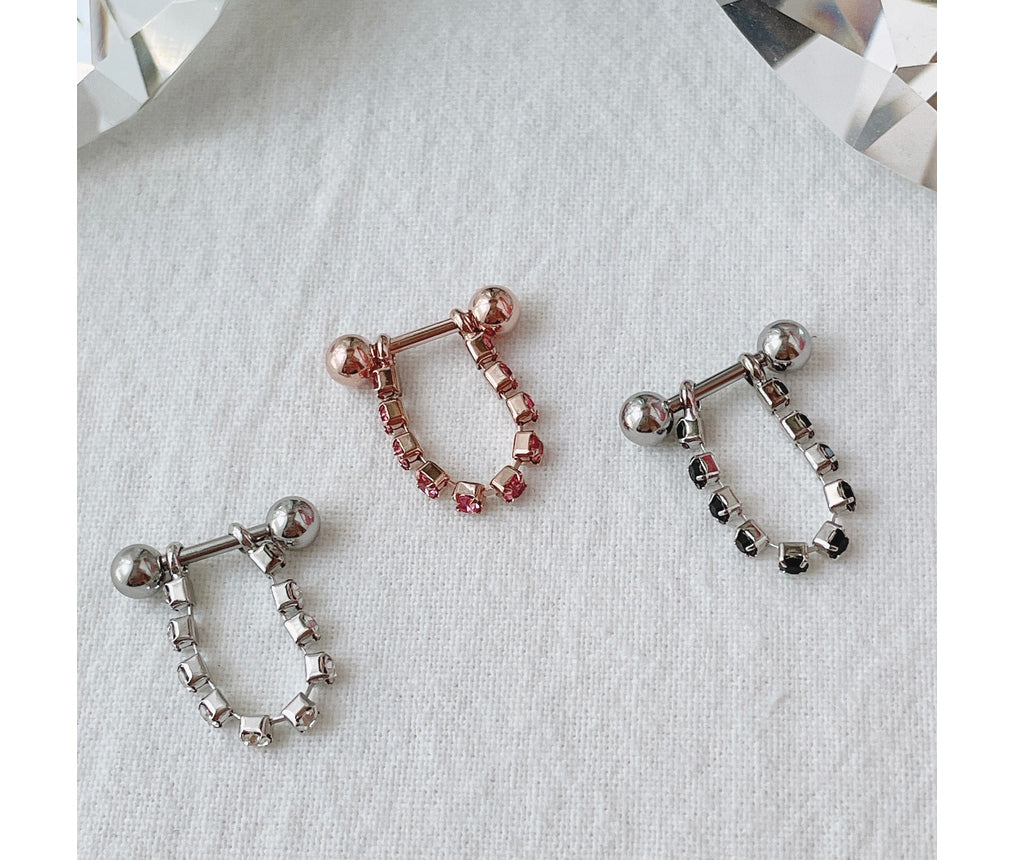 [Surgical] Inner Conch Black Pink Crystal Chain Cubic (3 สี) 16G 