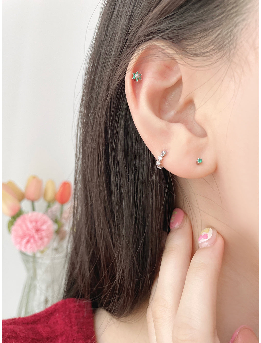 [3-piece set] [Surgical] Green Flower Earrings (2 Colors) Body Piercings, Backs, Piercings, Cartilage Piercings 