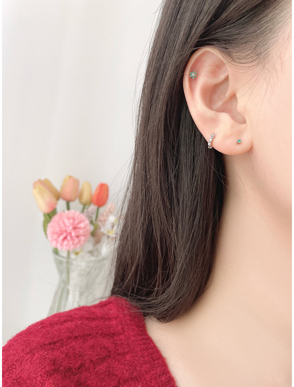 [3-piece set] [Surgical] Green Flower Earrings (2 Colors) Body Piercings, Backs, Piercings, Cartilage Piercings 