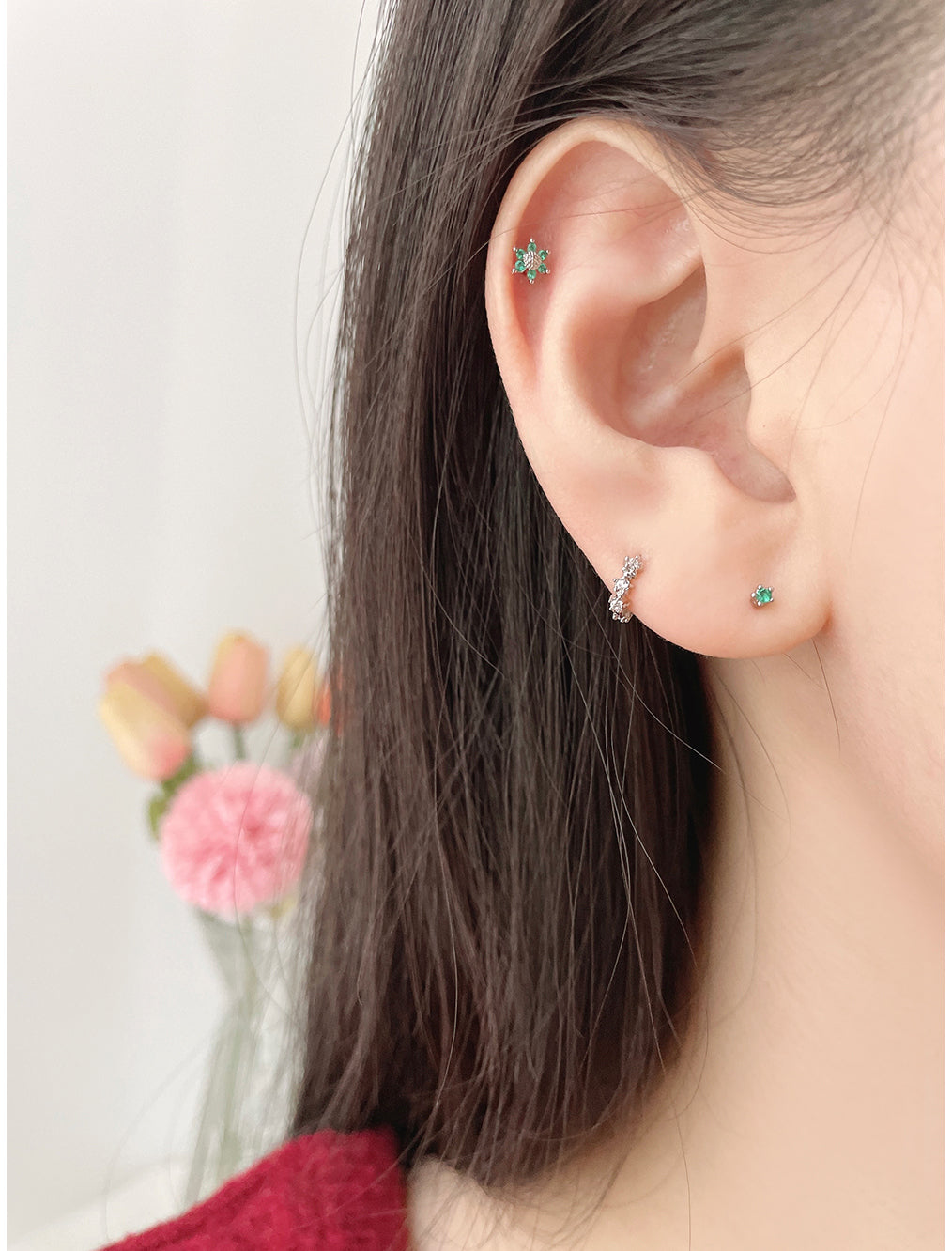 [3-piece set] [Surgical] Green Flower Earrings (2 Colors) Body Piercings, Backs, Piercings, Cartilage Piercings 