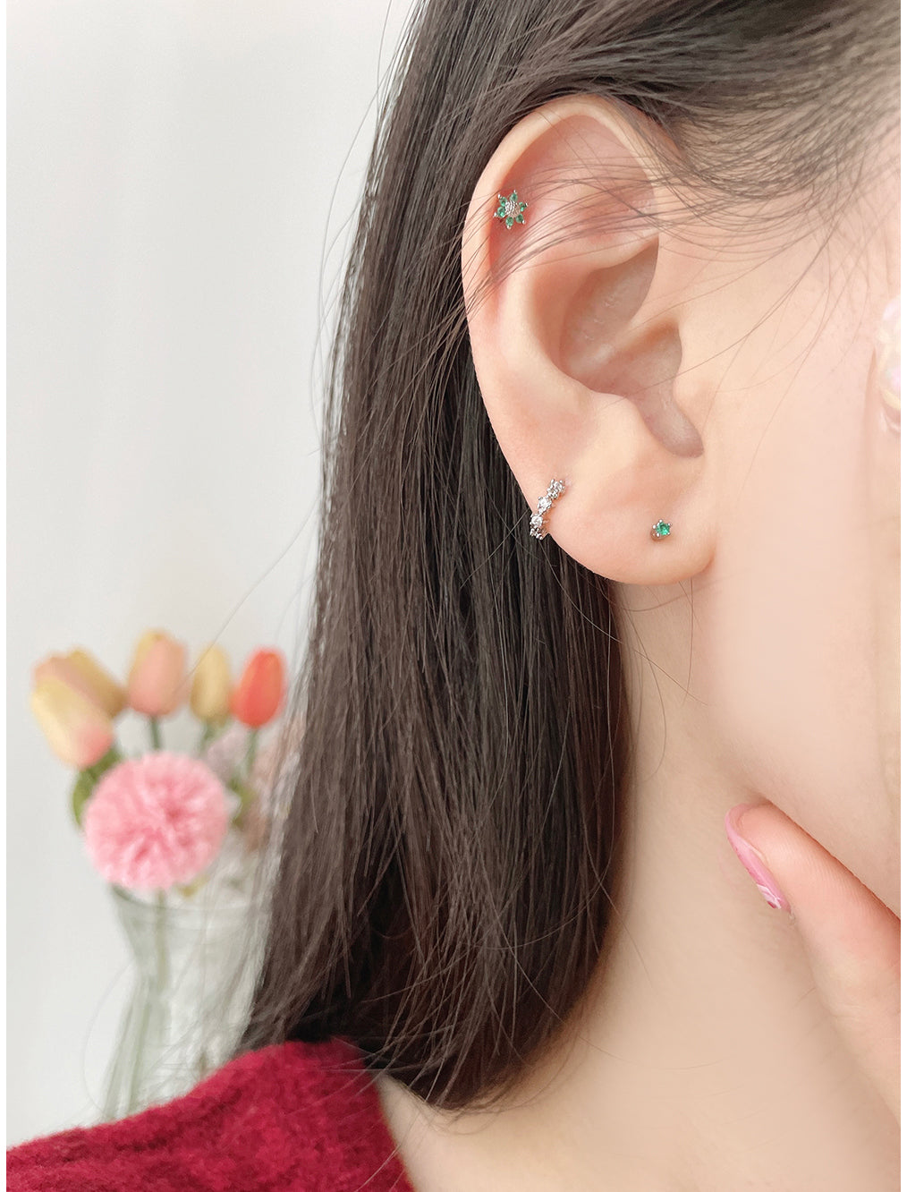 [3-piece set] [Surgical] Green Flower Earrings (2 Colors) Body Piercings, Backs, Piercings, Cartilage Piercings 