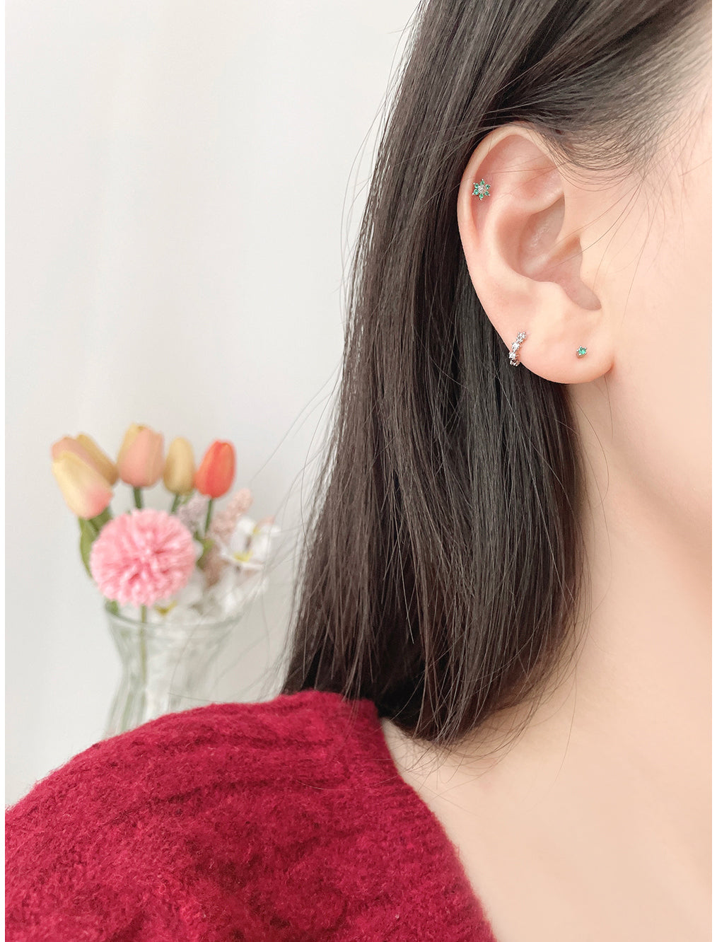 [3-piece set] [Surgical] Green Flower Earrings (2 Colors) Body Piercings, Backs, Piercings, Cartilage Piercings 