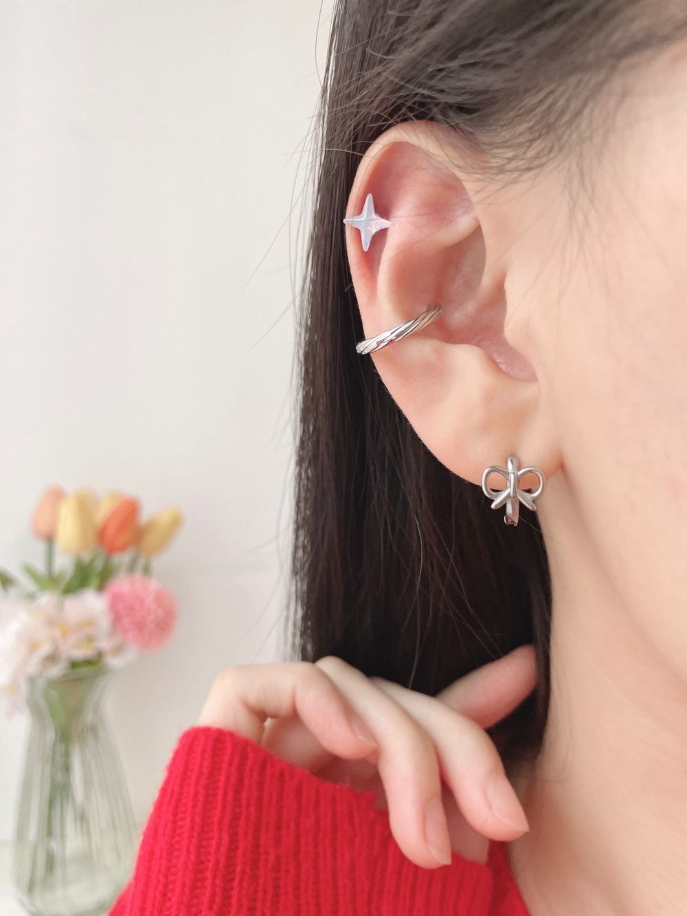 [Fully Surgical] Ribbon One-Touch Ring Earrings 18G 