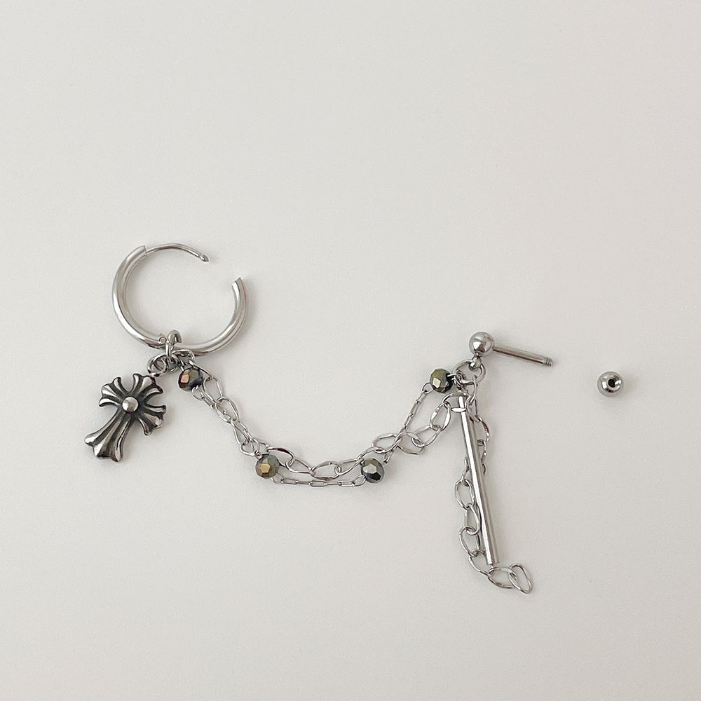 [サージカル]クロスチャームチェーンデザイン 2連ピアス 16G ボディピアス キャッチ 軟骨ピアス