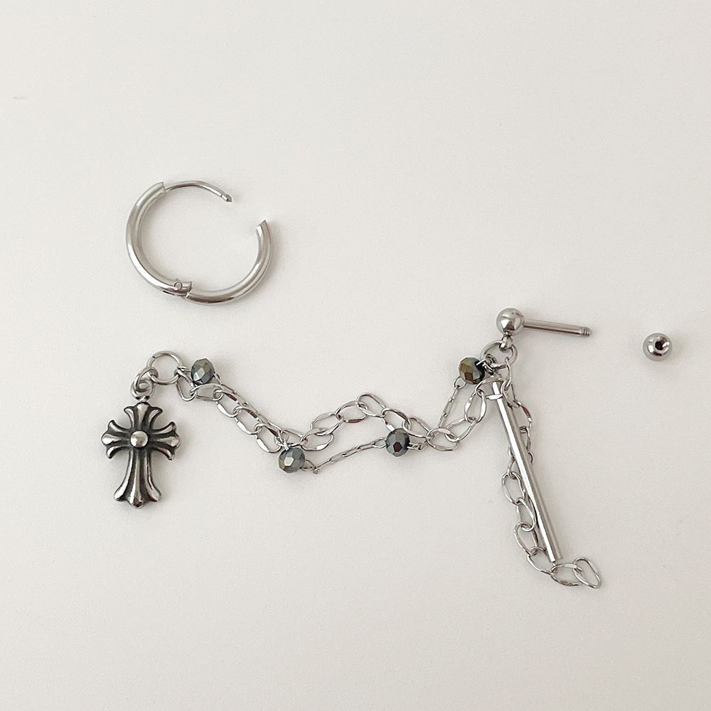 [サージカル]クロスチャームチェーンデザイン 2連ピアス 16G ボディピアス キャッチ 軟骨ピアス