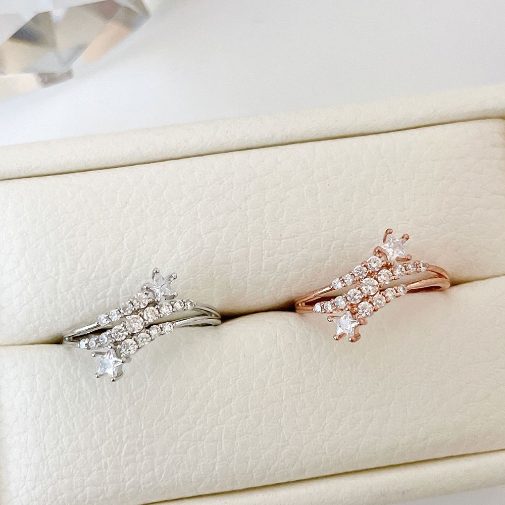 スパークルスター × ツインライン きらめくキュービックリング レディース指輪 / 星モチーフ / ビジュー / シルバー ローズゴールド