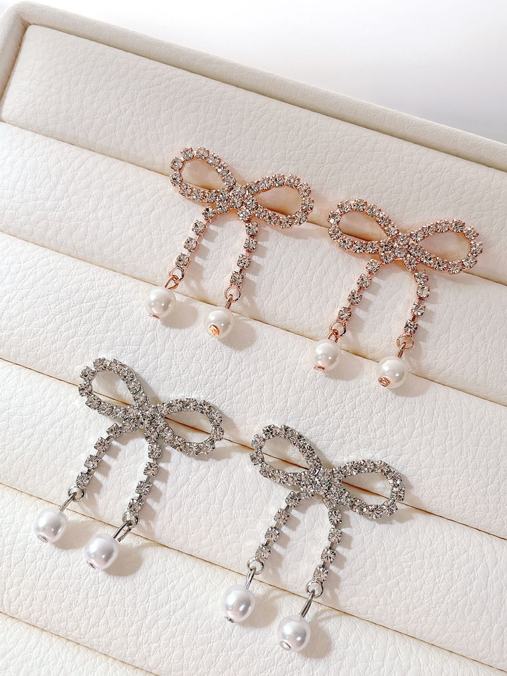 [925 Silver針]キラキラリボンパールドロップピアス