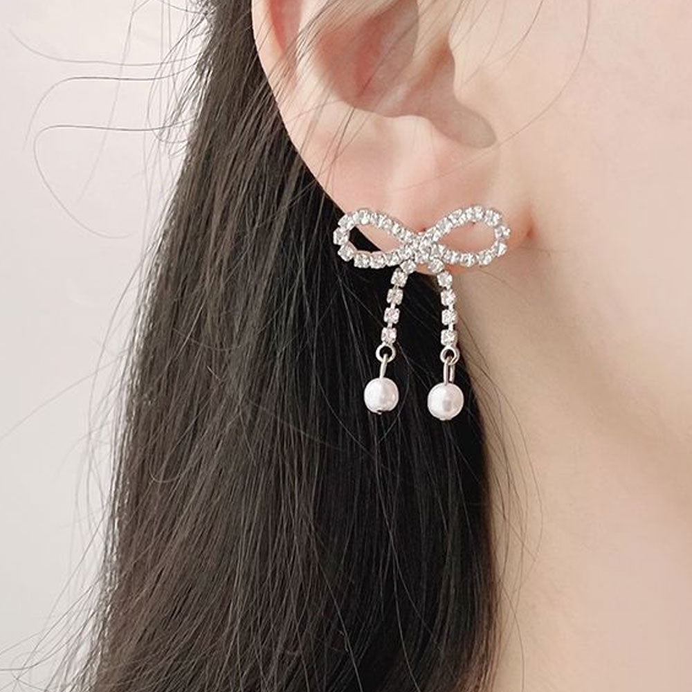 [925 Silver針]キラキラリボンパールドロップピアス