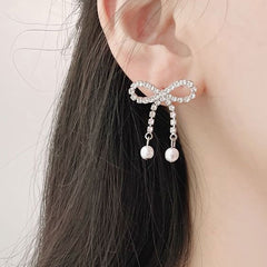 [925 Silver針]キラキラリボンパールドロップピアス