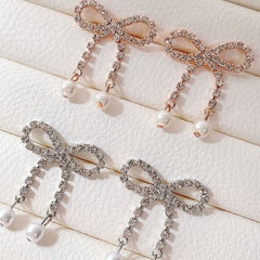 [925 Silver針]キラキラリボンパールドロップピアス