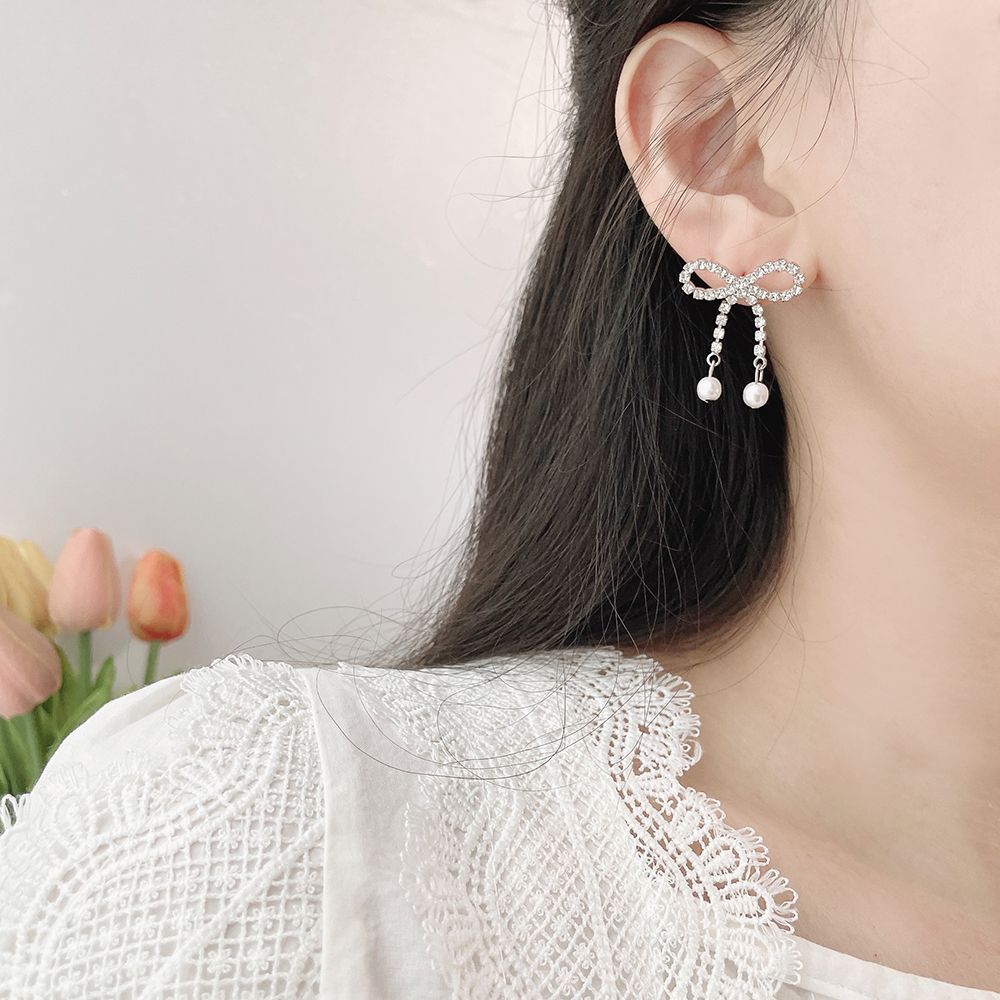 [925 Silver針]キラキラリボンパールドロップピアス