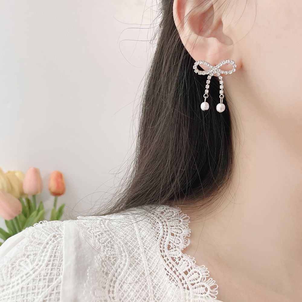 [925 Silver針]キラキラリボンパールドロップピアス