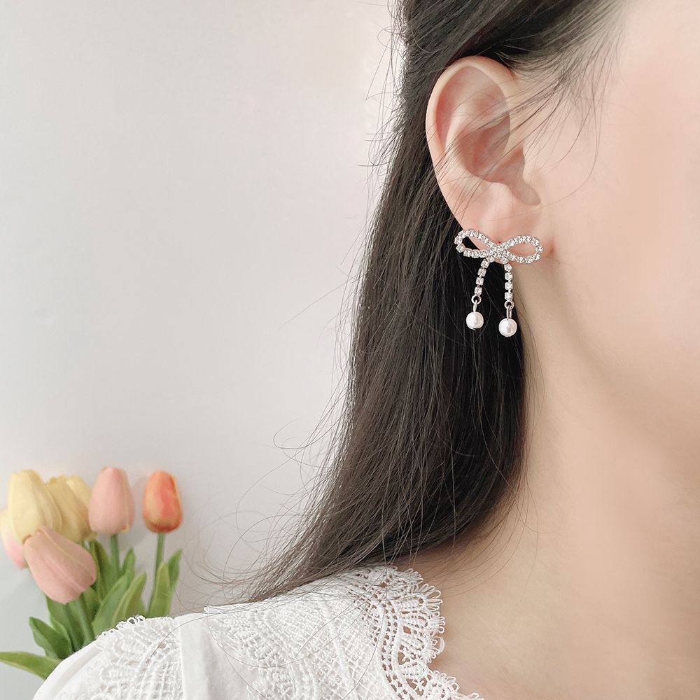 [925 Silver針]キラキラリボンパールドロップピアス