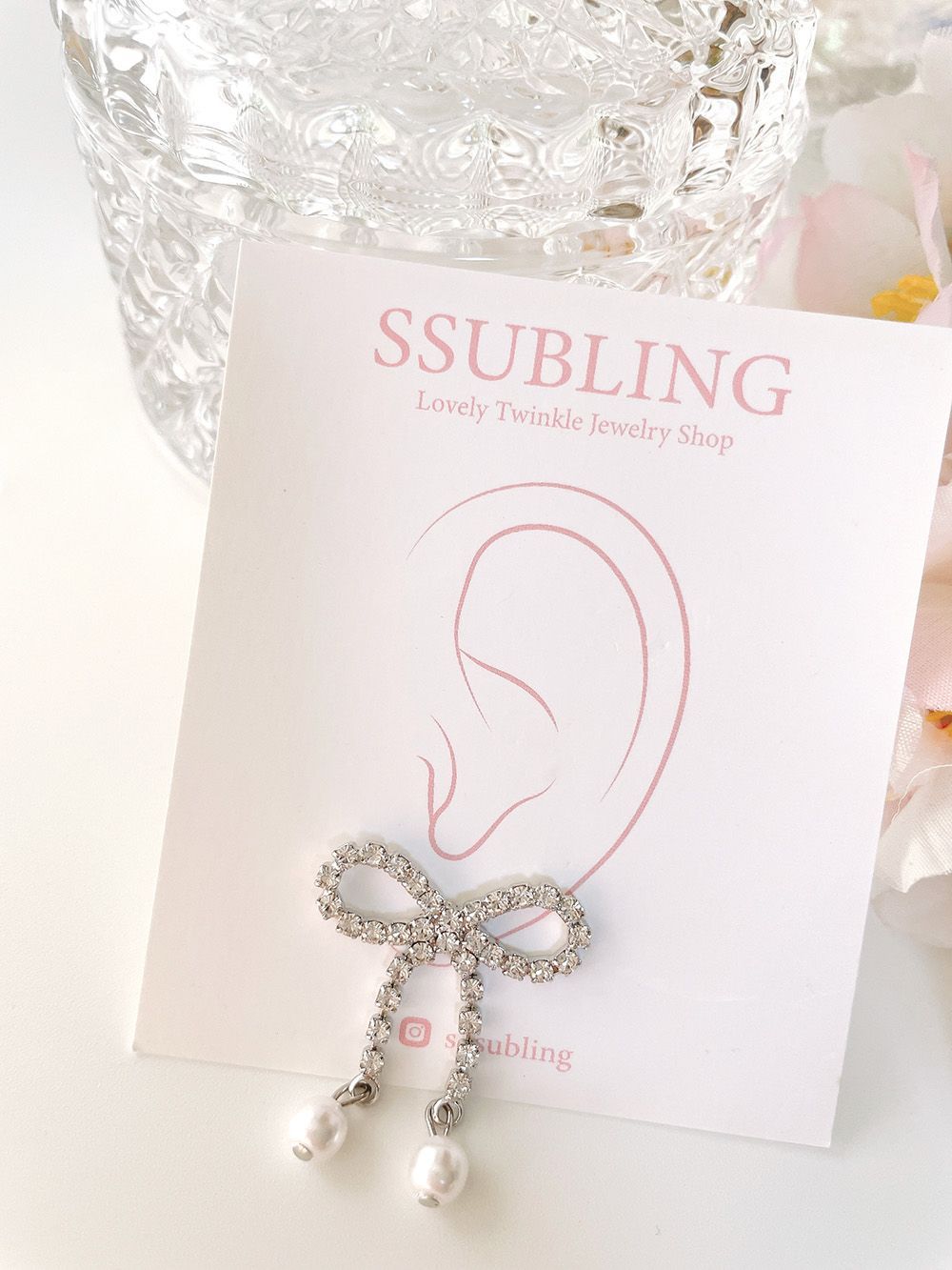 [925 Silver針]キラキラリボンパールドロップピアス