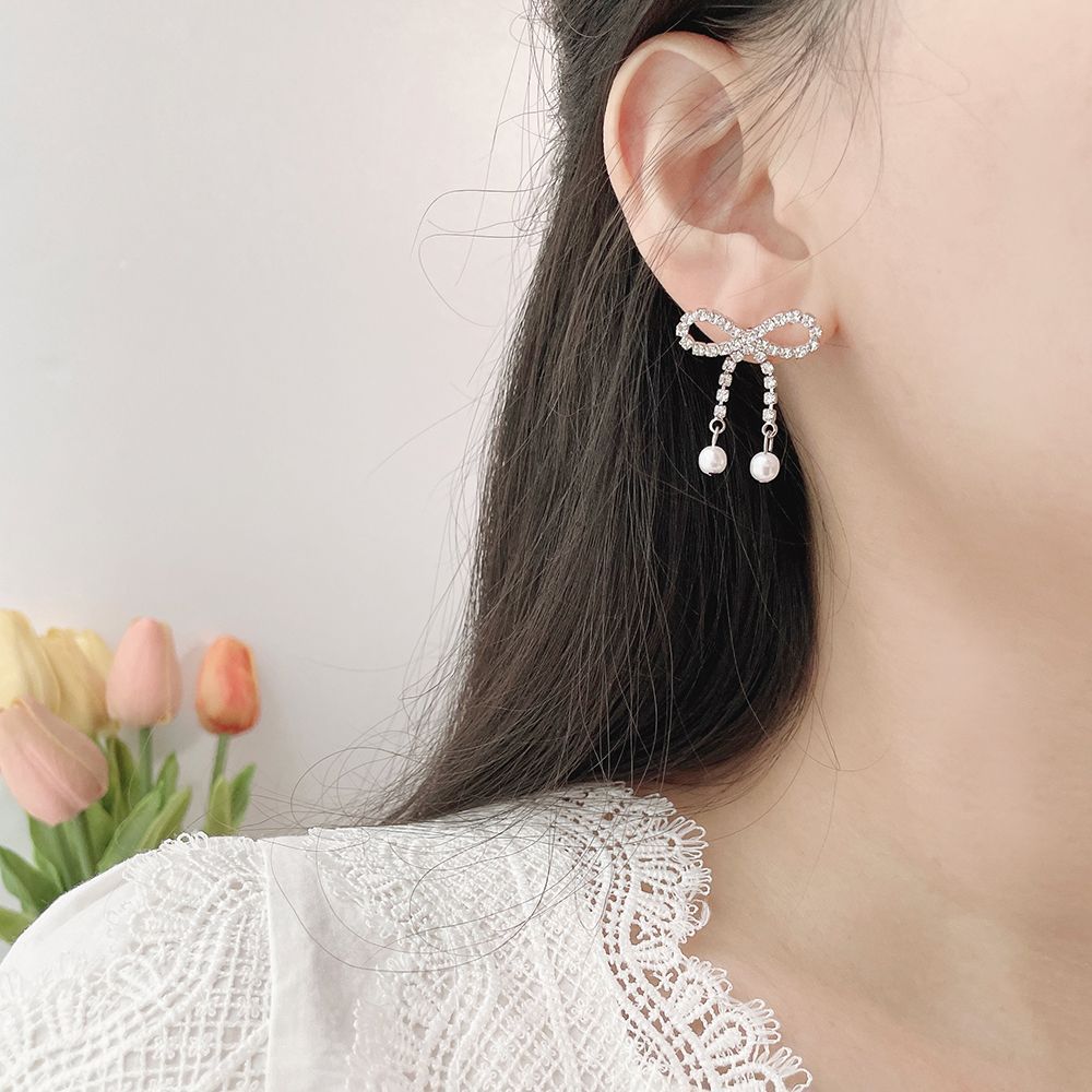 [925 Silver針]キラキラリボンパールドロップピアス