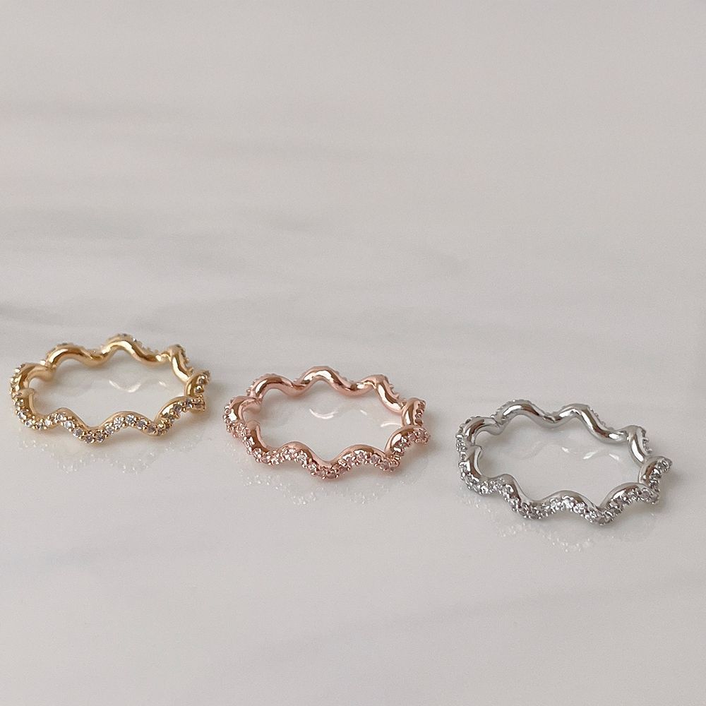 ウェーブ キュービック レイヤード デイリー ボリューム リング (3Color) キュービック 華奢 レイヤード ガードリング シルバー