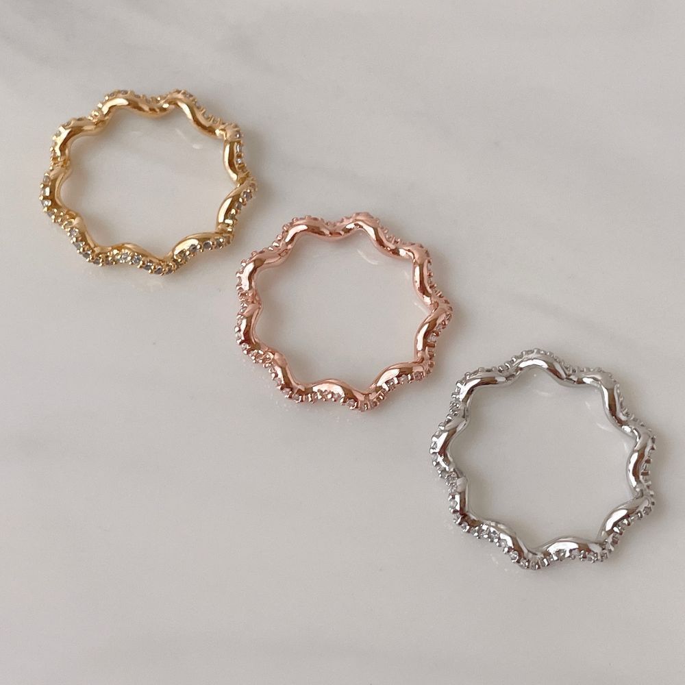 ウェーブ キュービック レイヤード デイリー ボリューム リング (3Color) キュービック 華奢 レイヤード ガードリング シルバー