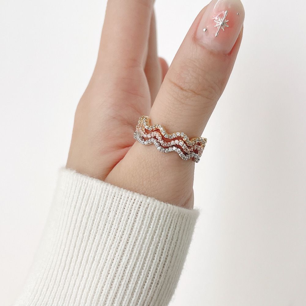 ウェーブ キュービック レイヤード デイリー ボリューム リング (3Color) キュービック 華奢 レイヤード ガードリング シルバー