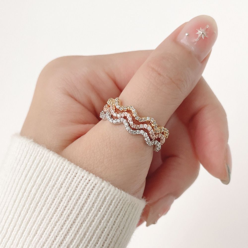 ウェーブ キュービック レイヤード デイリー ボリューム リング (3Color) キュービック 華奢 レイヤード ガードリング シルバー