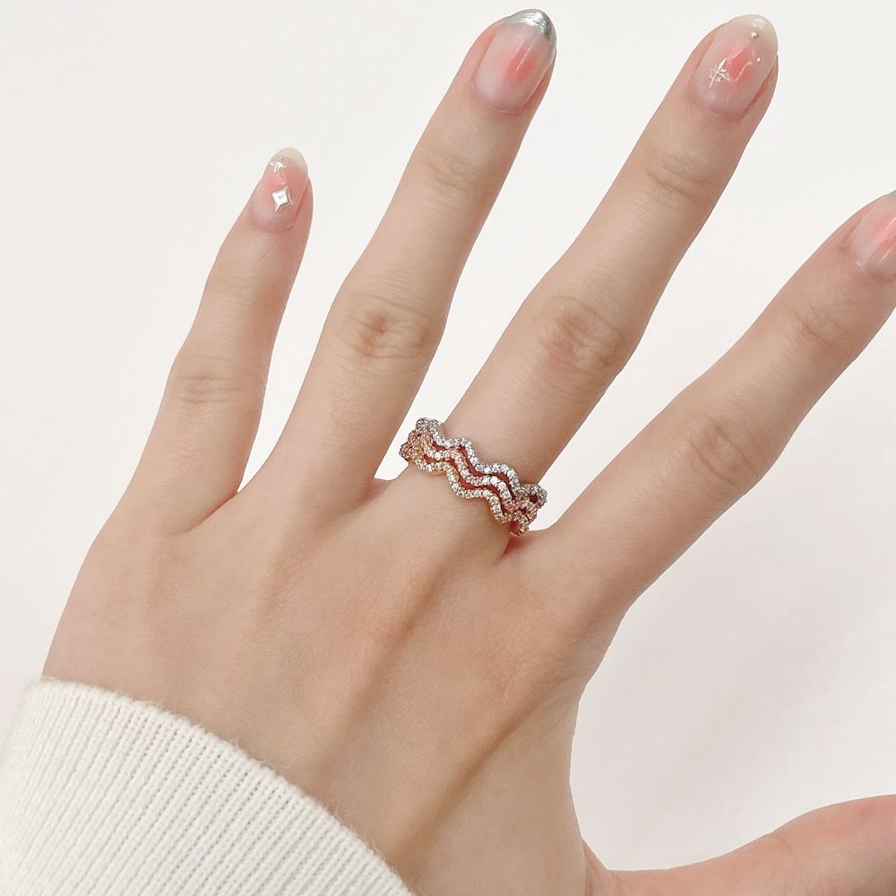 ウェーブ キュービック レイヤード デイリー ボリューム リング (3Color) キュービック 華奢 レイヤード ガードリング シルバー