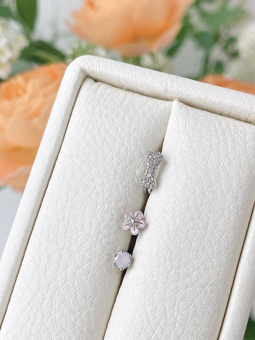 [3個SET]桜ピンク フラワー キュービック リボン リングピアスセット ボディピアス キャッチ