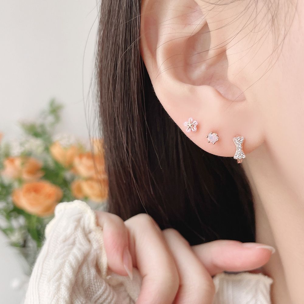 [3個SET]桜ピンク フラワー キュービック リボン リングピアスセット ボディピアス キャッチ