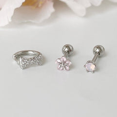 [3個SET]桜ピンク フラワー キュービック リボン リングピアスセット ボディピアス キャッチ