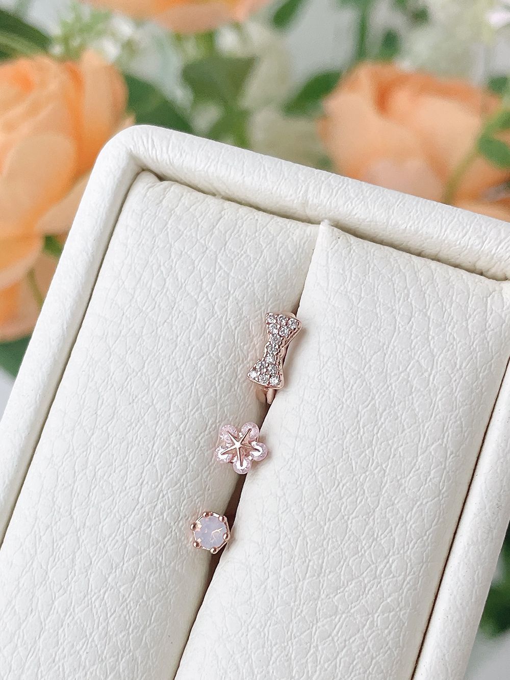 [3個SET]桜ピンク フラワー キュービック リボン リングピアスセット ボディピアス キャッチ