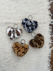 Leopard Print Heart Pompom Fur Keyring (4Colors) Key Holder &amp; Key Case