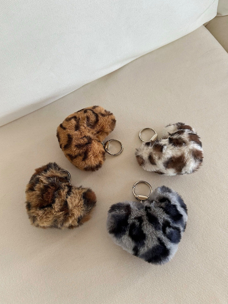 Leopard Print Heart Pompom Fur Keyring (4Colors) Key Holder &amp; Key Case