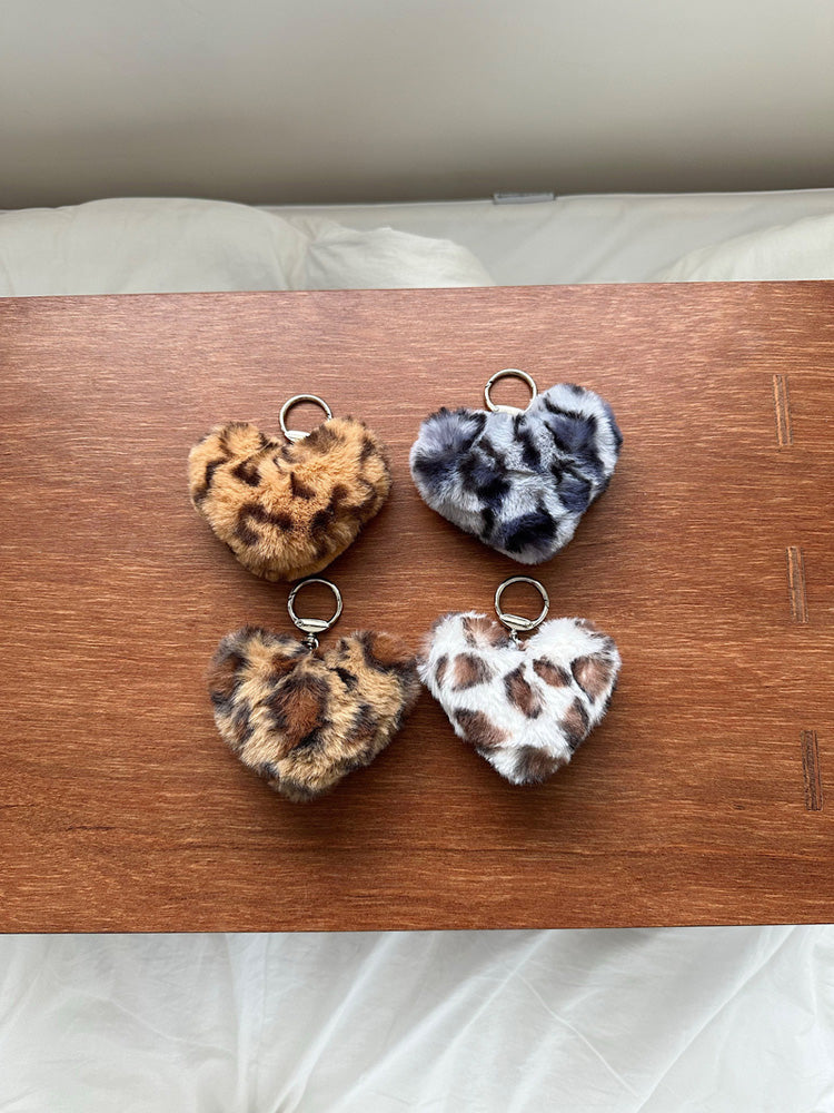 Leopard Print Heart Pompom Fur Keyring (4Colors) Key Holder &amp; Key Case