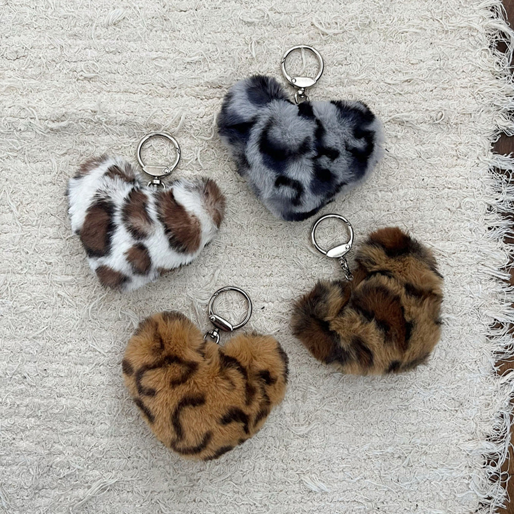 Leopard Print Heart Pompom Fur Keyring (4Colors) Key Holder &amp; Key Case