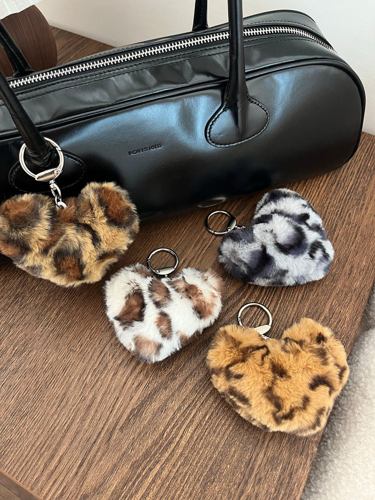 Leopard Print Heart Pompom Fur Keyring (4Colors) Key Holder &amp; Key Case