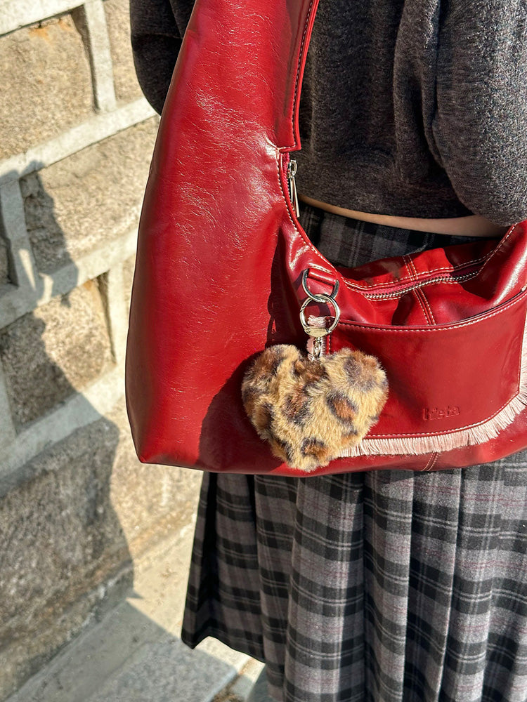 Leopard Print Heart Pompom Fur Keyring (4Colors) Key Holder &amp; Key Case