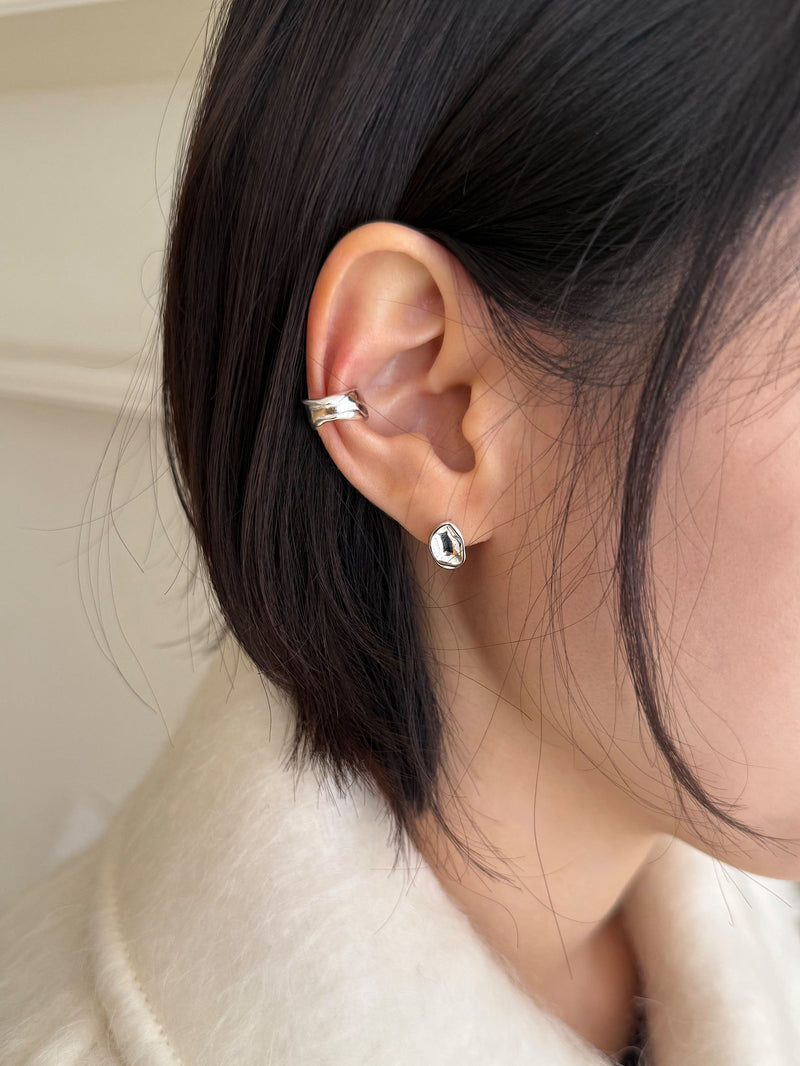 [925 Silver] Rough Wave Line One-Touch Ring Earrings for Both Ears 